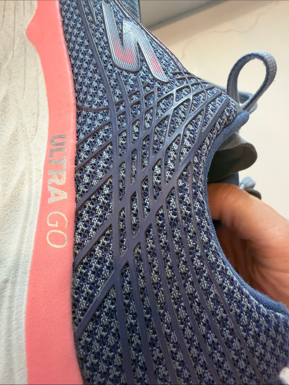 Skechers Women's Blue Knit Athletic Sneakers with Pink Midsole - Picture 14 of 17